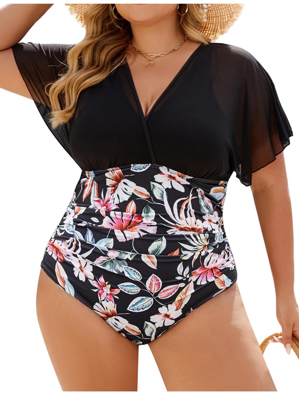 Black Floral One-Piece Swim with Sheer Flutter Sleeves XXL. 2764/bb17-1